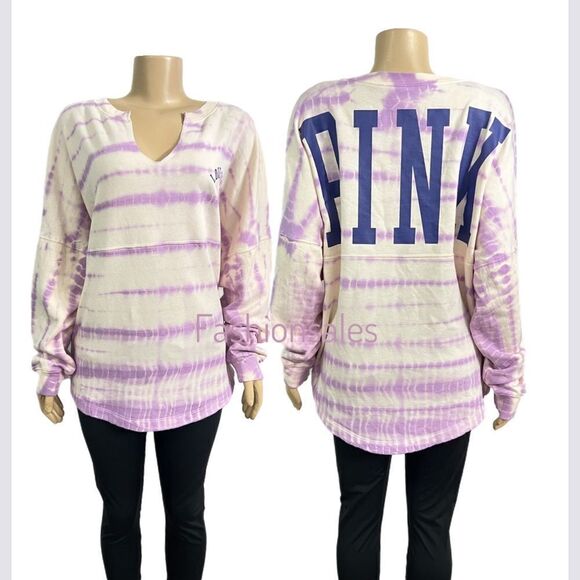 Victorias Secret Pink Varsity Crew Sweatshirt purple cream tie dye pullover - Picture 5 of 5